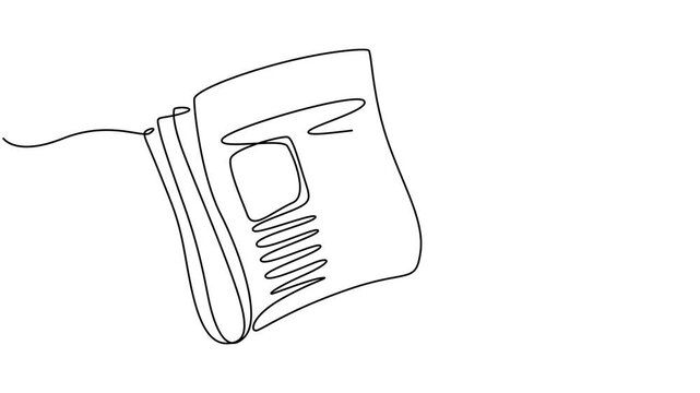 Animated self drawing of continuous line draw stack of news newspapers with cup of coffee.  Full length one line animation. 4K, newspaper continuous one line drawing animation