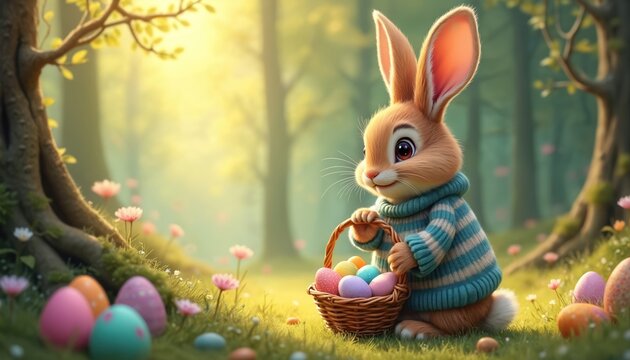 Cute bunny in striped sweater holds basket with colorful easter eggs. Whimsical forest scene with blooming flowers and soft sunlight. Animal character prepares for spring holiday.