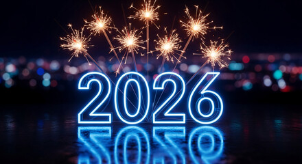 Glowing blue number 2026 with sparkler, standing on a reflective surface. Represents new year, celebration, and future prospect, with festive background