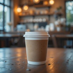 Kraft Brown Coffee Cup with Sleeve and Black Lid 3D Render.
