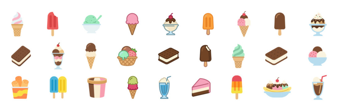 Large Collection of Ice Cream and Frozen Dessert Vector Icons Including Cones Sundaes Popsicles Sandwiches and Milkshakes