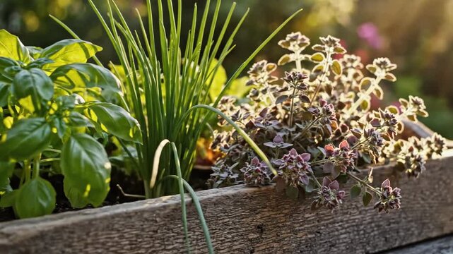 Sunlit Garden Planter With Herbs And Flowers In Rustic Wood.