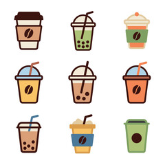 Takeaway Beverage and Coffee Cup Icon Set with Milk Tea Bubble Tea Iced Coffee and Fruit Drink Illustrations