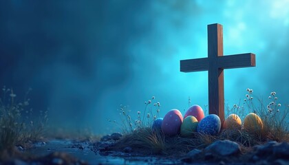 Fototapeta premium Wooden cross stands on grassy mound with painted Easter eggs. Serene blue sky background with soft clouds. Nature scene evokes hope, rebirth, spiritual celebration.