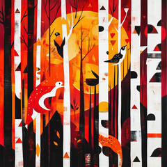 Vivid autumn forest scene with stylized birds among white and dark trees under a radiant orange sun