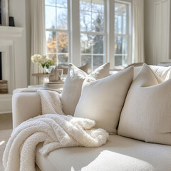 Cozy cream sofa scene with soft throw blanket and sunlit living room decor