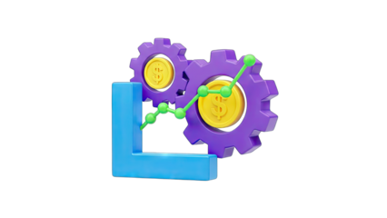 3D Financial Growth Gears and Graph on transparent background
