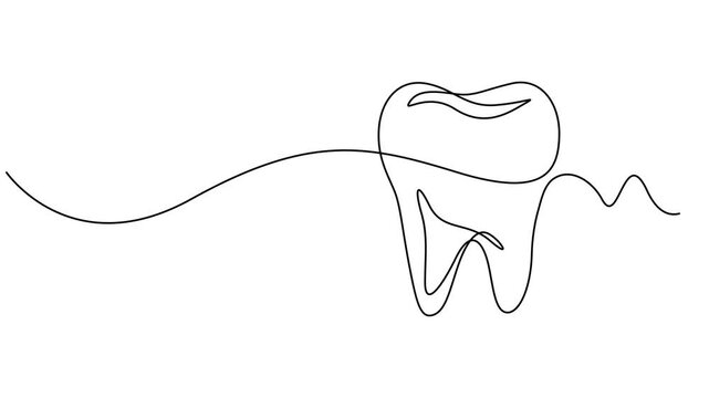 Animated self drawing of continuous line draw tooth. Full length one line animation. 4K, Animated self drawing of continuous one line drawing tooth . Campaign advertisement. Take care of the teeth.