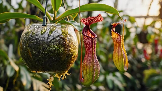Close up view of carnivorous pitcher plants hanging from vines in a greenhouse.