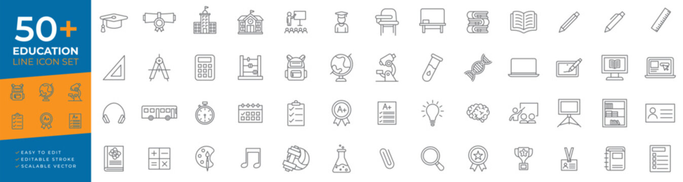 Education line icon set for academics, covering university, school, learning, graduation, science, math, classroom objects, and student essentials for presentations and educational app interfaces.