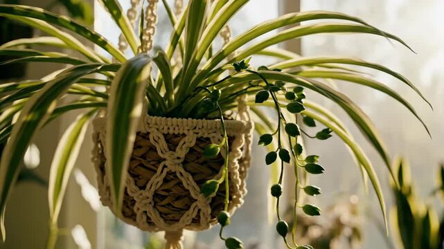 Close Up Of Hanging Plants In Macrame Planter.