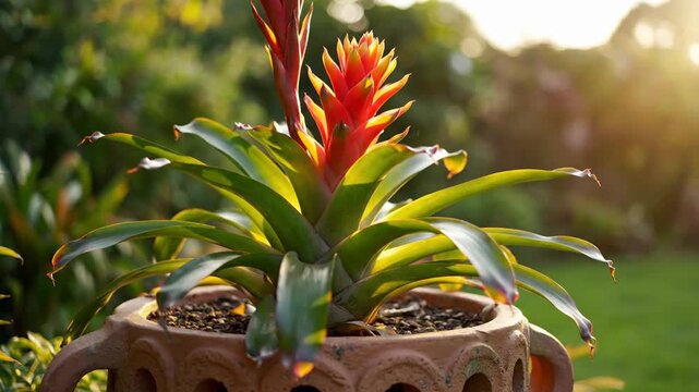 Vibrant bromeliad plant thriving in sunlit garden.