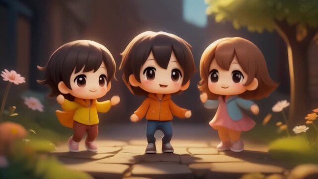3D chibi-style animated friends with cute proportions, jumping lightly in slow-motion, soft daylight, 4k.