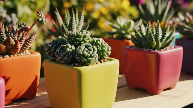 Colorful Square Pots with Succulents in Bright Daylight.