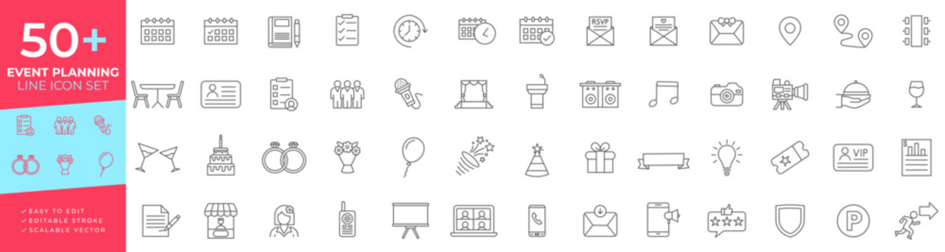 Event planning line icon set for organizing parties, weddings, appointments, and festive celebrations, featuring calendar, stage, invitations, food service, gift, microphone, and VIP access symbols.