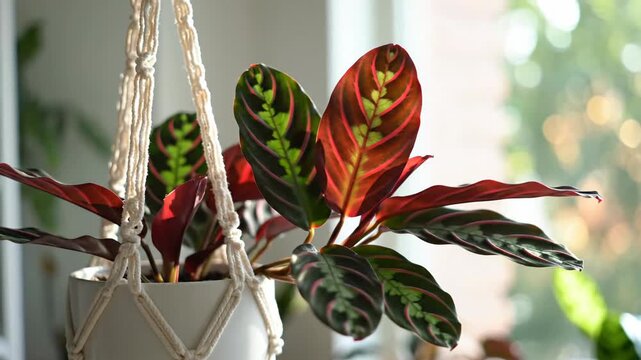 Colorful Calathea Plant In Hanging Macrame Planter.