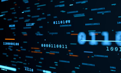 Obraz premium Close up abstract blockchain concept, data blocks, binary code, digital processing in orange and blue. Science, technology, software, machine learning, deep learning, computer. 3D animation