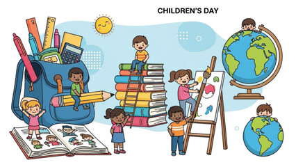 Children's day illustration with kids playing around books globe and school bag filled with colorful supplies