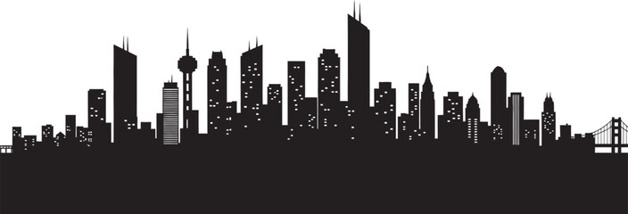 Naklejka premium Modern city skyline silhouette urban landscape illustration with tall buildings and skyscrapers in black and white