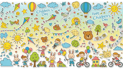 Happy children's day celebration with cartoon kids, animals, and colorful balloons, streamers, and confetti, sunny day with hot air balloons and kites flying high