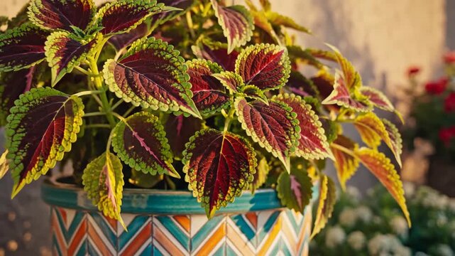 Close Up Of Variegated Leaves In Decorative Pot.