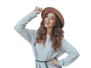 Young woman posing with hat isolated on transparent background