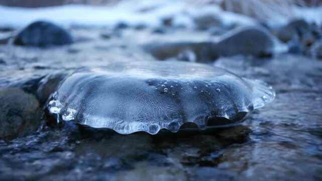 A frozen ice formation sits on rocks in a river with snow in the background near EROPA MOUNTAIN.