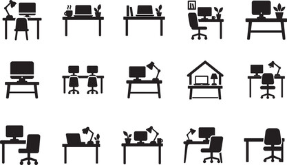 Workspace icon set vector EPS with office desk, computer, tools and productivity symbols, clean flat style.