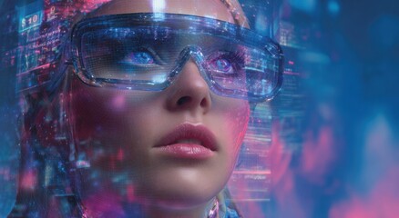Woman wearing futuristic augmented reality glasses with glowing blue eyes.