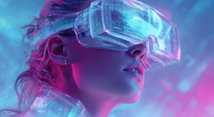 Woman wearing translucent glowing virtual reality headset in neon light