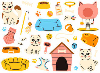 A set of toys for pets. Grooming products for dogs and cats.