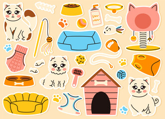 A set of pet toy stickers. Dog and cat grooming supplies.