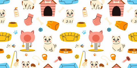 Seamless pattern with pet toys. Dog and cat grooming products.
