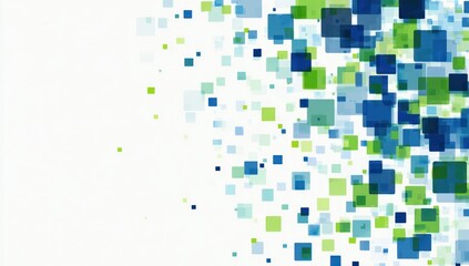 Abstract background of overlapping blue and green squares on white.