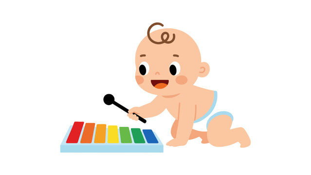 A baby plays a colorful xylophone with a mallet.
