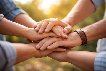 Close-Up of Stacked Hands - Teamwork and Cooperation