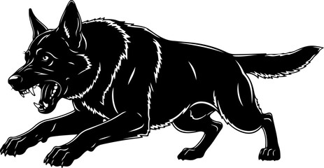 Aggressive military dog leaping in attack silhouette vector illustration