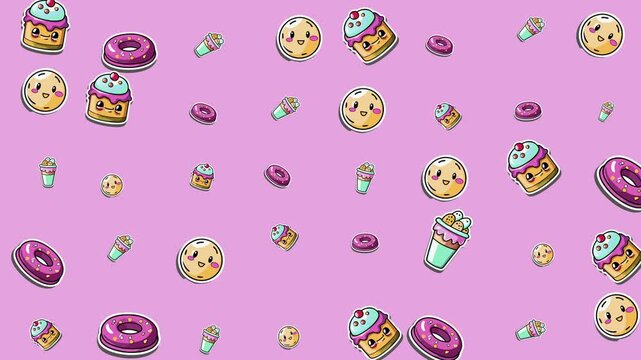 Repeating pattern of donuts cupcakes and smoothie on pink. Suitable for food blog backgrounds, menu designs, and party invitations.