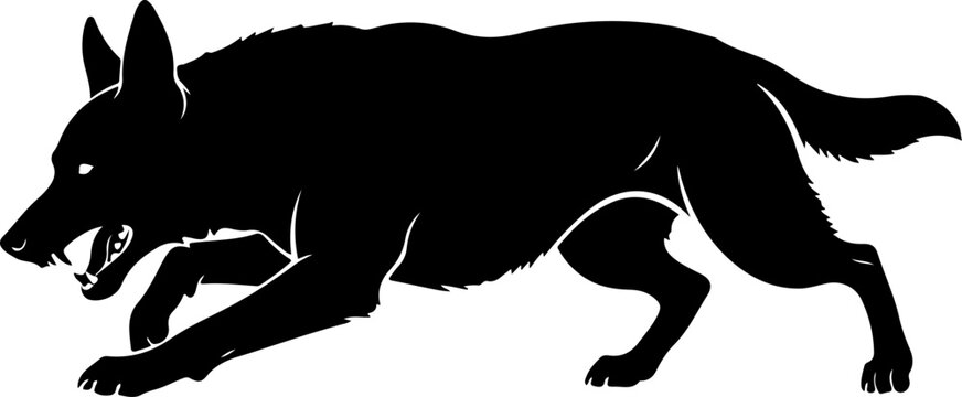 Aggressive military dog leaping in attack silhouette vector illustration