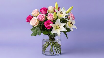 Obraz premium Beautiful bouquet of pink roses and white lilies in clear glass vase on purple background