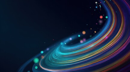 Abstract dark background with swirling colorful light trails and bokeh effects.
