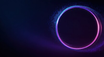 Abstract glowing ring with blue and pink particles on dark background.