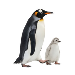 Obraz premium A parent and chick emperor penguins, an endearing portrait of family in a cold habitat. Show the strong bond of parent and offspring. The focus is on the penguins. png transparent background