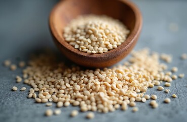 Amaranth groats in wooden spoon. Amaranth seeds spill onto surface. Healthy grain for cooking. Organic superfood ingredient. Vegan diet nutrition. Gluten free superfood. Natural uncooked cereal.