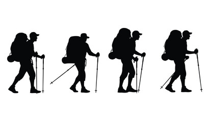 Set of black silhouettes of hikers with backpacks and trekking poles, people walking on trail, isolated on white background