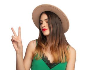 Young woman in hat making peace sign isolated on transparent background