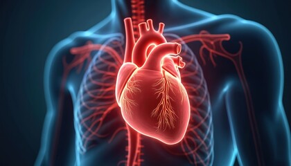Close up view of human heart with circulating blood vessels shown in bright red against a dark blue translucent body outline. Medical illustration of cardiovascular system.