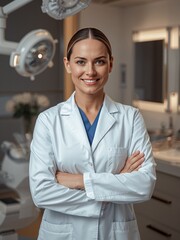 A smiling female doctor stands confidently with crossed arms inside a modern dental clinic. She is a medical professional ready to provide patient healthcare and treatment services.