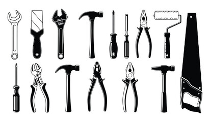 Set of construction tools black and white silhouettes isolated, collection of carpentry and household repair instruments