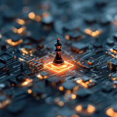 A chess piece stands atop a glowing circuit board, symbolizing the fusion of technology and strategy in a digital domain.